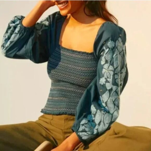 Anthropologie Tops - ANTHROPOLOGIE Teal Embroidered Peasant Blouse NWT